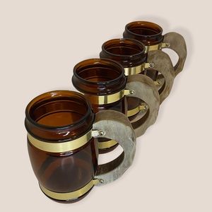 COPY - 4 VINTAGE SIESTA WARE GLASS AMBER MUGS WITH WOODEN HANDLES